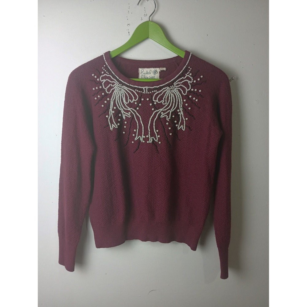 Field & Flower Anthropologie Burgundy Beaded Pearl Collar Sweater Womens Small